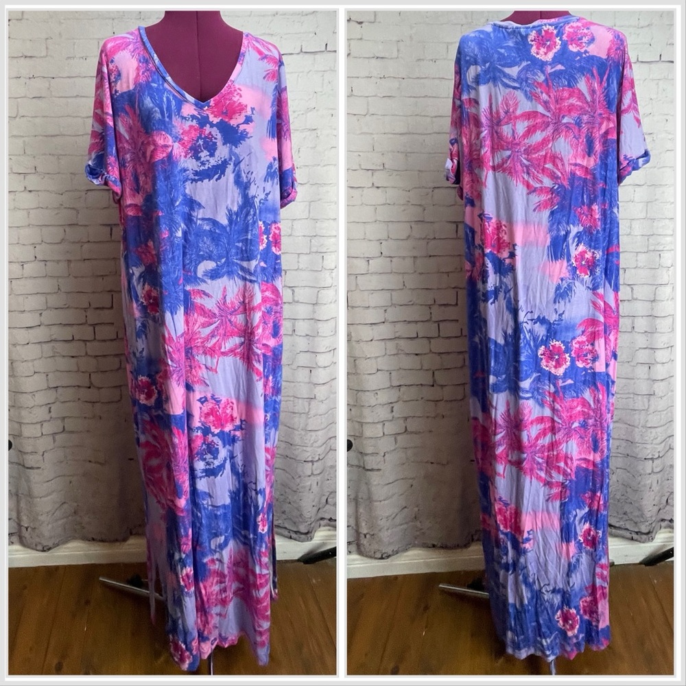 Colleen Lopez every wear maxi dress pink and blue tropical print size 1X